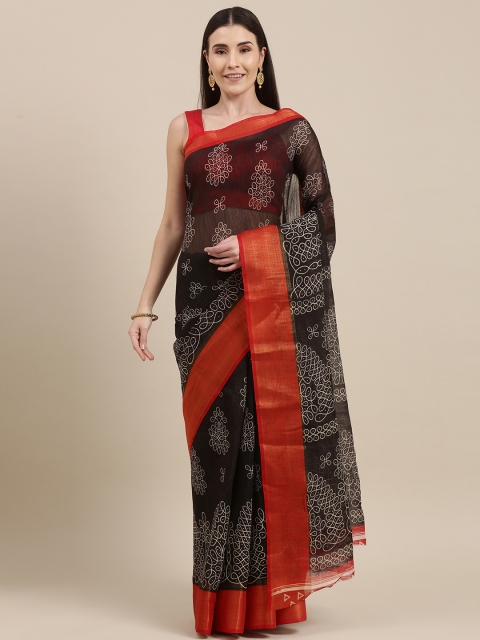 Pavechas Black Ethnic Motifs Jute Cotton Block Print Saree