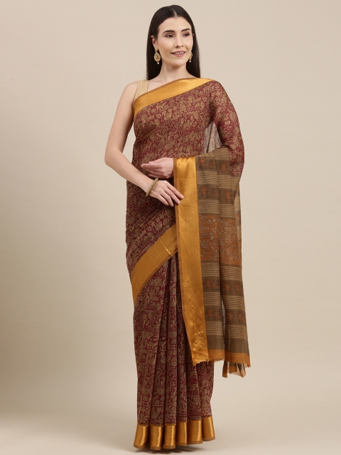 

Pavechas Maroon & Beige Kalamkari Jute Cotton Ikat Saree