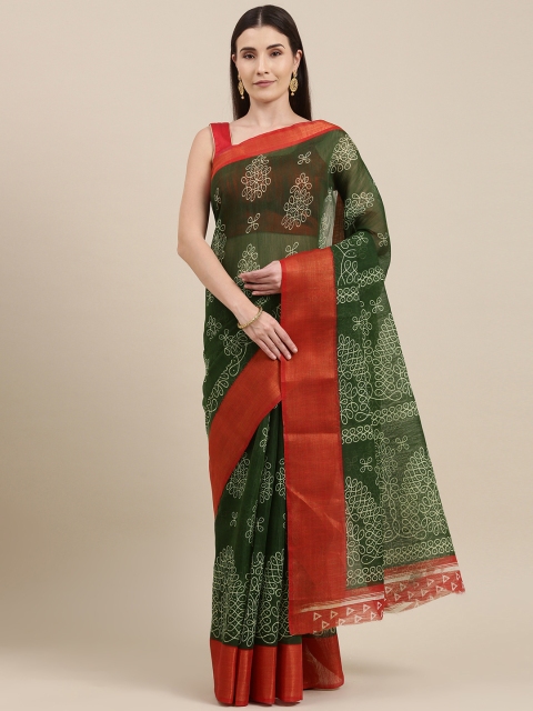 

Pavechas Green Ethnic Motifs Jute Cotton Block Print Saree