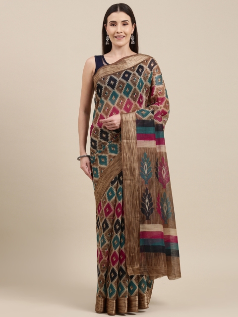 

Pavechas Brown & Pink Kalamkari Print Jute Cotton Pochampally Saree