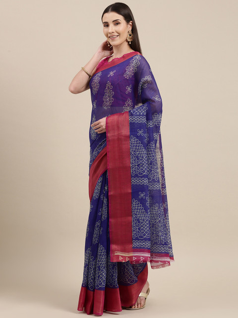 

Pavechas Blue Ethnic Motifs Jute Cotton Block Print Saree