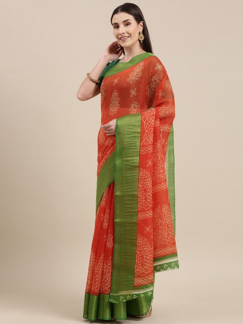 

Pavechas Orange Ethnic Motifs Jute Cotton Block Print Saree
