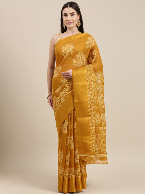 

Pavechas Mustard Yellow Ethnic Motifs Jute Cotton Block Print Saree