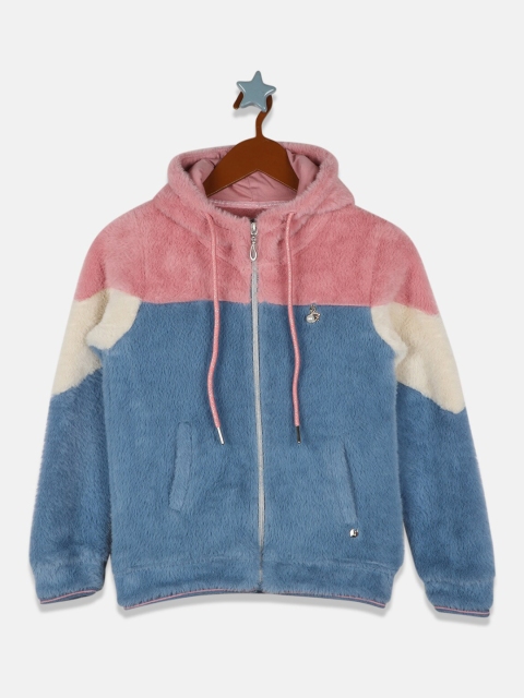 

Monte Carlo Girls Blue & Pink Colourblocked Fur Hooded Sweatshirt