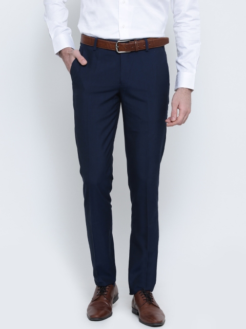 

John Players Men Navy Blue Solid Slim Fit Flat-Front Formal Trousers