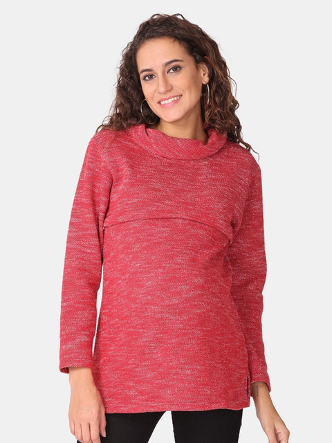 

The Mom Store Women Red Maternity and Nursing Pure Cotton Winter Top