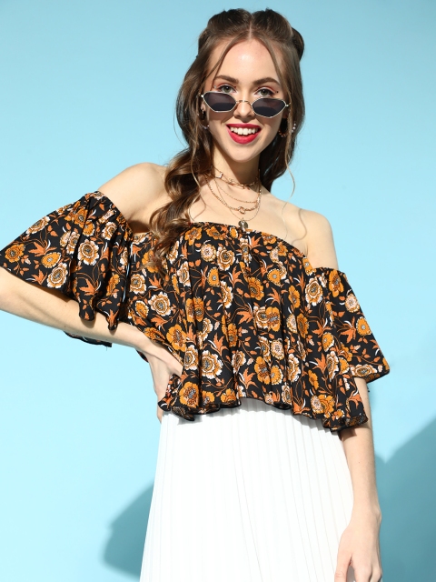 

Berrylush Black & Mustard Yellow Floral Print Off-Shoulder Crepe Bardot Crop Top