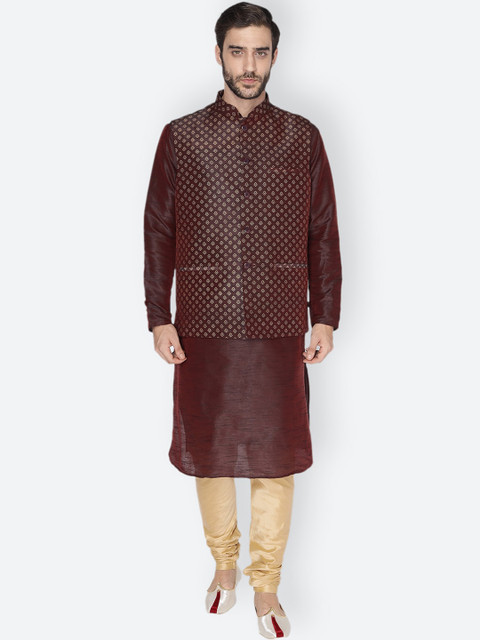 

NAMASKAR Men Brown & Gold-Toned Layered Dupion Silk Kurta with Pyjamas & Nehru Jacket