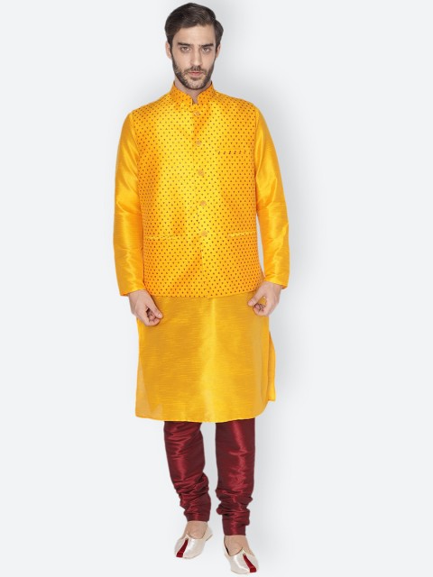 

NAMASKAR Men Yellow & Maroon Layered Dupion Silk Kurta with Pyjamas & Nehru Jacket