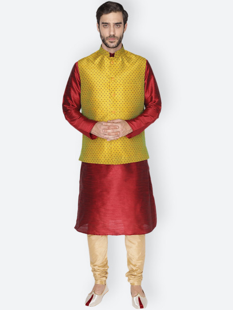 

NAMASKAR Men Maroon & Gold-Toned Layered Dupion Silk Kurta with Pyjamas & Nehru Jacket