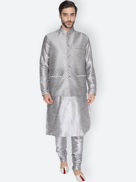 

NAMASKAR Men Silver-Toned Dupion Silk Kurta with Pyjamas & Nehru Jacket
