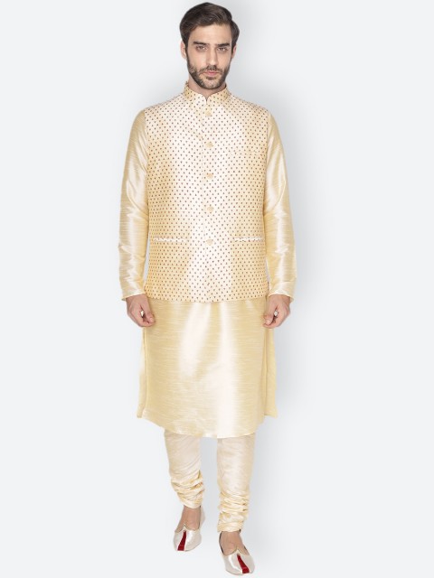 

NAMASKAR Men Gold-Toned Dupion Silk Kurta with Pyjamas & Nehru Jacket