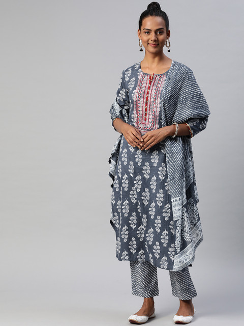 

Nirkhi Women Grey Ethnic Motifs Printed Thread Work Pure Cotton Kurta with Palazzos & With Dupatta