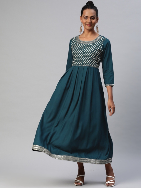 

Nirkhi Teal & Beige Ethnic Motifs Embroidered Ethnic Maxi Dress