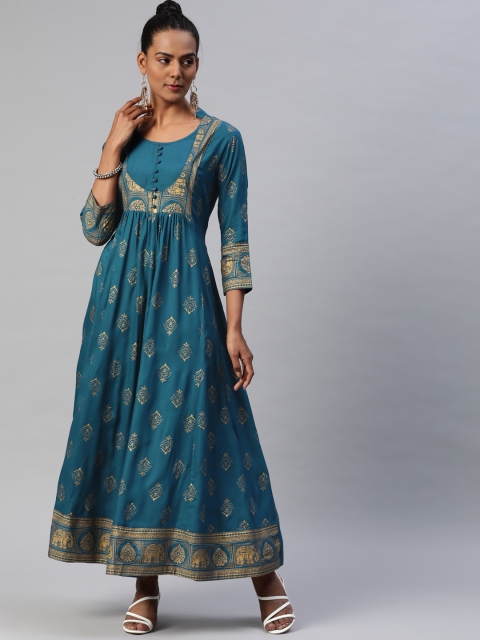 

Nirkhi Blue & Golden Ethnic Motifs Ethnic Maxi Dress