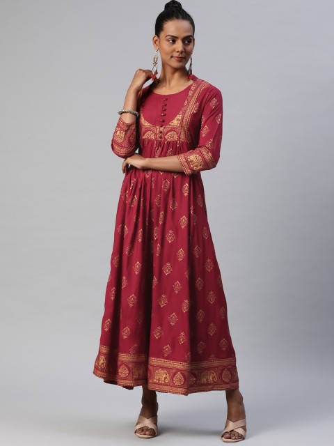 

Nirkhi Maroon & Golden Ethnic Motifs Ethnic Maxi Dress