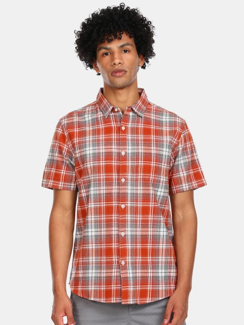 

Ruggers Men Red & White Tartan Checked Pure Cotton Casual Shirt