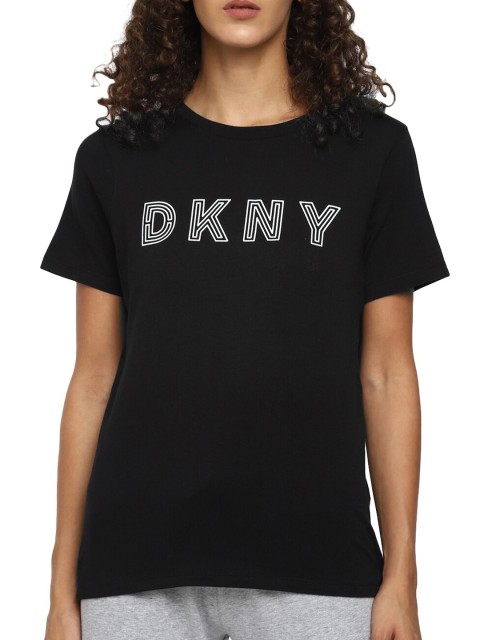 

DKNY Women Black & White Brand Logo Print Pure Cotton T-shirt