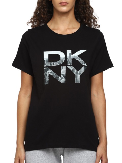 

DKNY Women Black & White Brand Logo Print Pure Cotton Top