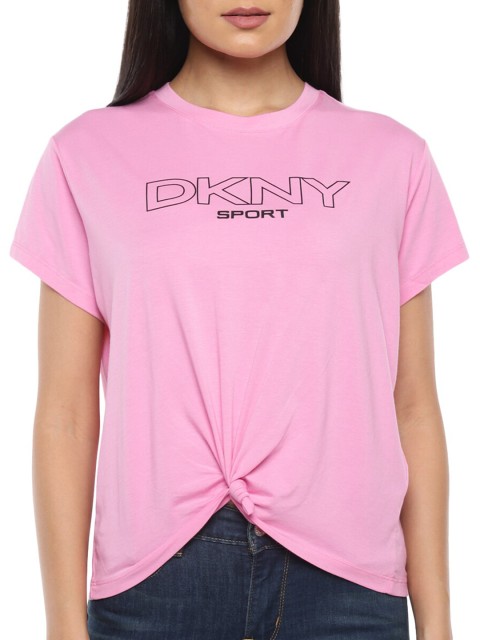 

DKNY Pink & Black Brand Logo Print Twisted Pure Cotton Top