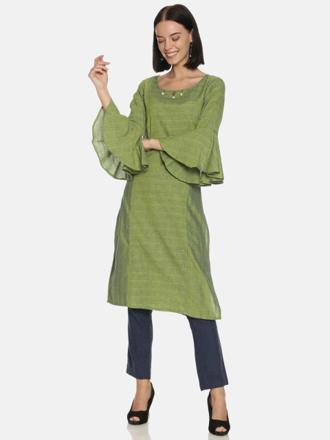

Saffron Threads Women Green Self Design Sleeves Dobby Bell Sleeves Kurta