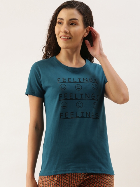 

Kryptic Women Teal Blue & Black Pure Cotton Typography Printed Lounge T-shirt