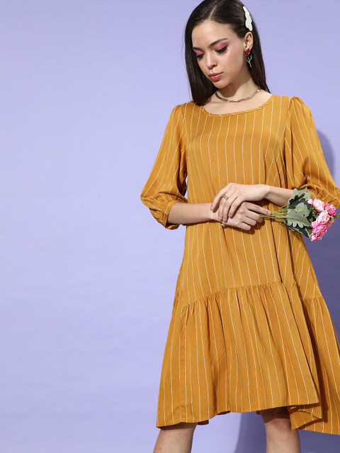 

ZOLA Women Mustard Yellow & White Pure Cotton Striped Puff Sleeves Dress