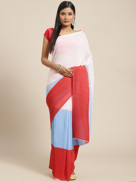 

Nanda Silk Mills Women White & Red Colourblocked Saree
