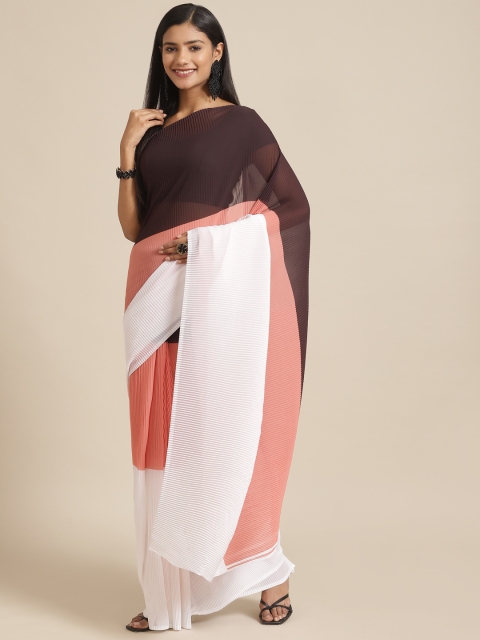 

Nanda Silk Mills Peach-Coloured & Brown Colourblocked Pure Georgette Saree