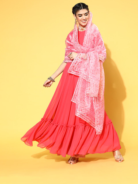 

Inddus Women Pink Solid Georgette Anarkali Kurta With Dupatta