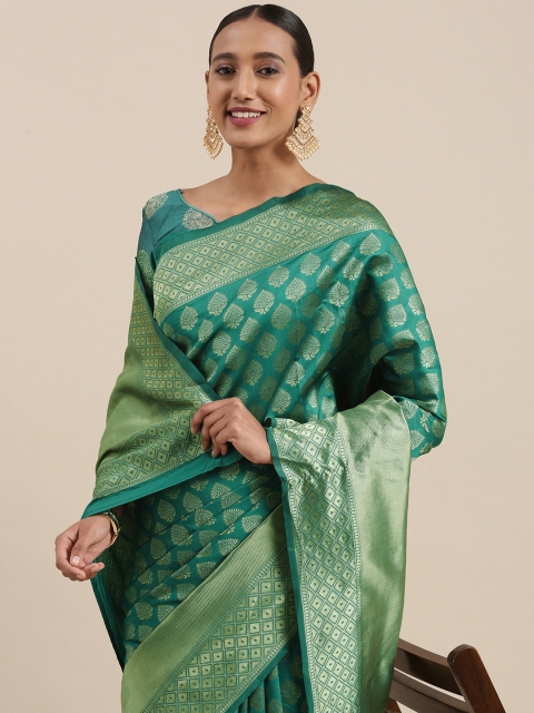 

Mitera Teal Blue & Golden Ethnic Motifs Woven Design Saree