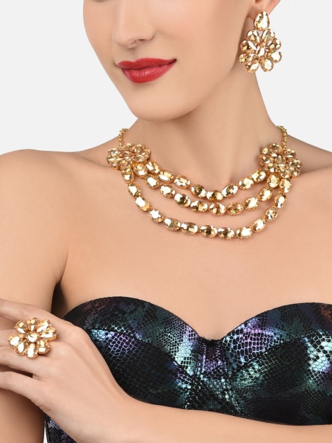 

Zaveri Pearls Gold-Plated & Cream-Coloured Layered Floral Jewellery Set