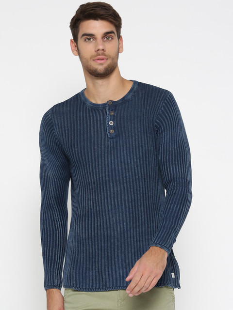 

Jack & Jones Men Blue Self-Striped Sweater