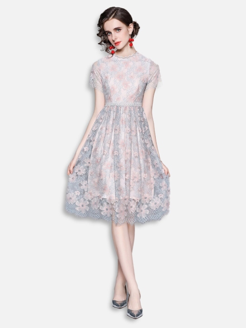 

JC Collection Women White & Pink Floral Print Net Midi Fit & Flare Dress