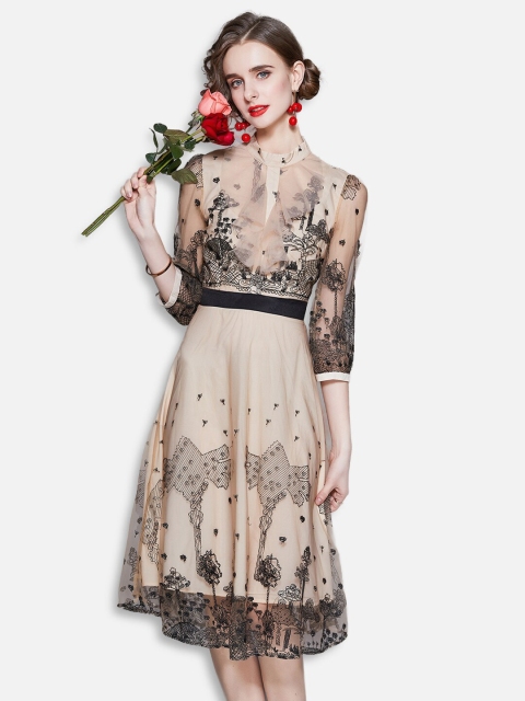 

JC Collection Women Beige & Black Self Design Net Fit & Flare Dress