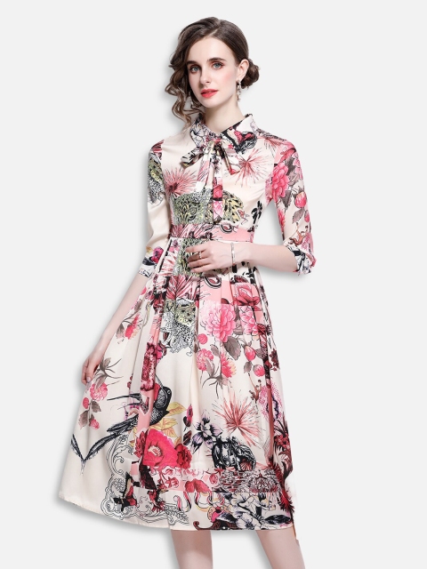 

JC Collection Women Cream-Coloured & Pink Floral Midi Fit & Flare Dress