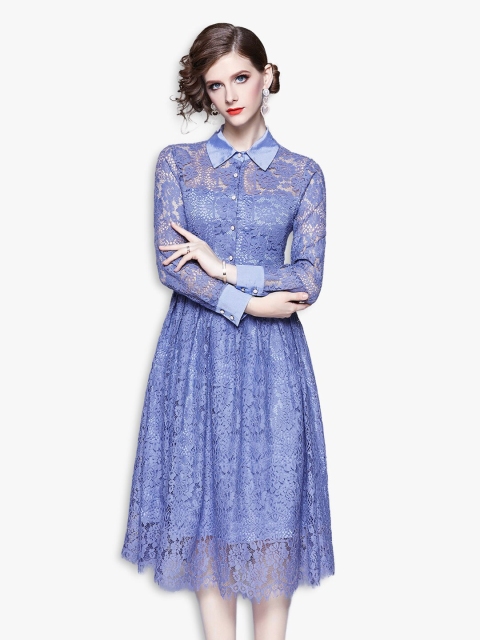 

JC Collection Women Blue Self Design Net Midi Shirt Dress