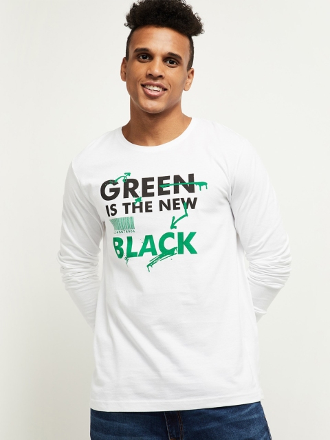 

max Men White & Green Typography Printed Pure Cotton T-shirt