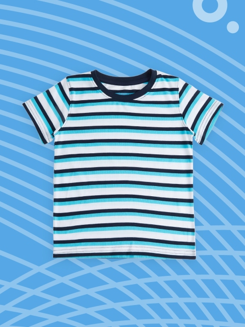 

Pantaloons Junior Boys Navy Blue & White Striped Pure Cotton T-shirt