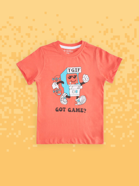 

Pantaloons Junior Boys Coral & White Printed Pure Cotton T-shirt