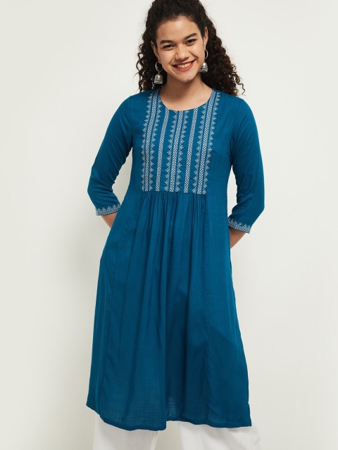 

max Women Blue Yoke Design Striped Thread Work Kurta