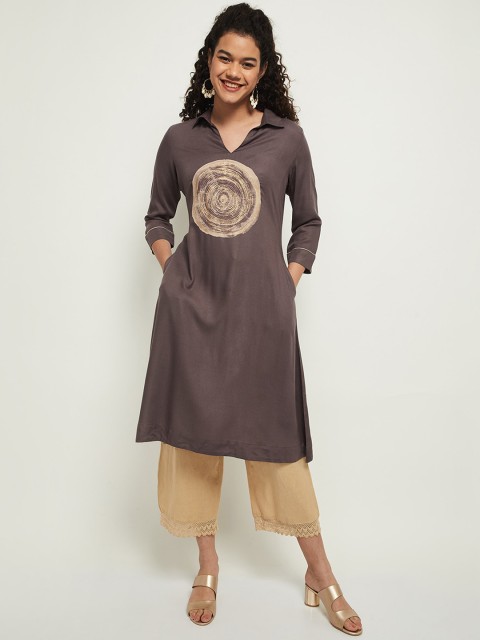 

max Women Grey & Gold-Toned Geometric Shirt Collar A-line Kurta