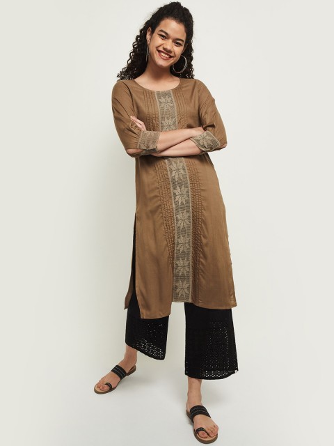 

max Women Brown Floral Round Neck Thread Work Kurta