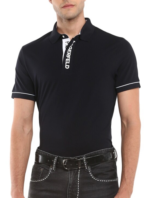 

LAGERFELD Men Navy Blue Polo Collar Pockets Slim Fit Outdoor T-shirt