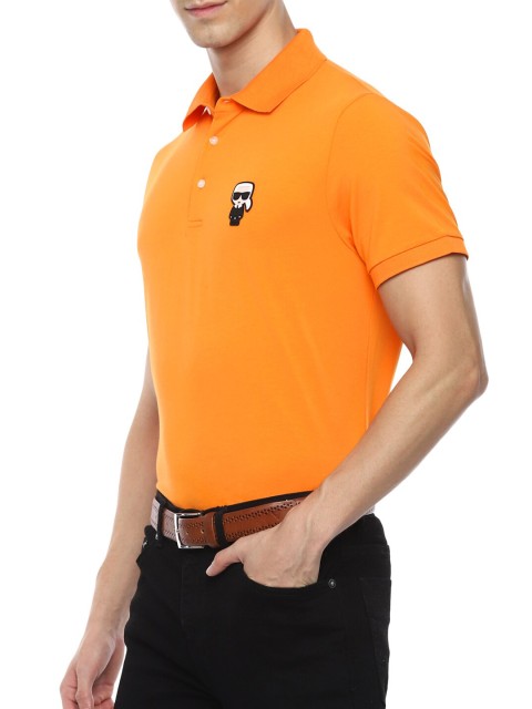 

LAGERFELD Men Orange Polo Collar Pure Cotton T-shirt