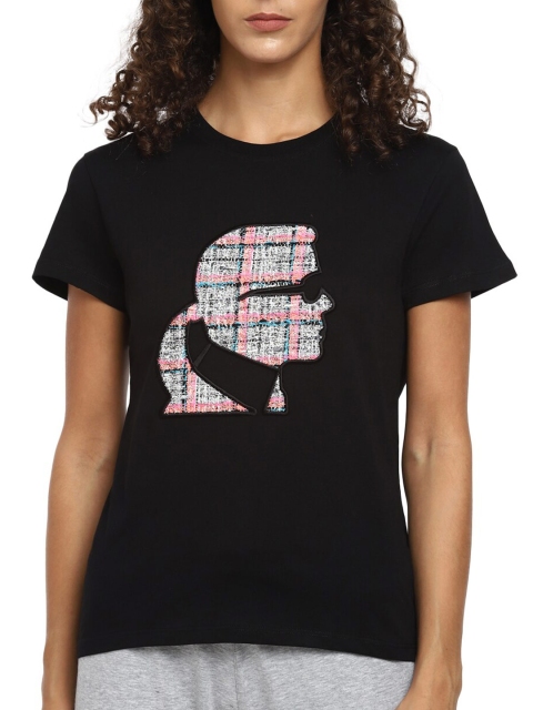 

Karl Lagerfeld Women Black Printed Applique Outdoor T-shirt