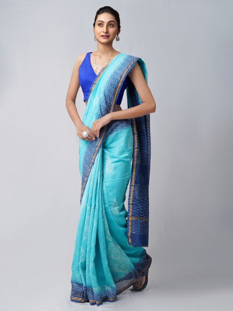 

Unnati Silks Blue & White Silk Cotton Block Printed Chanderi Saree