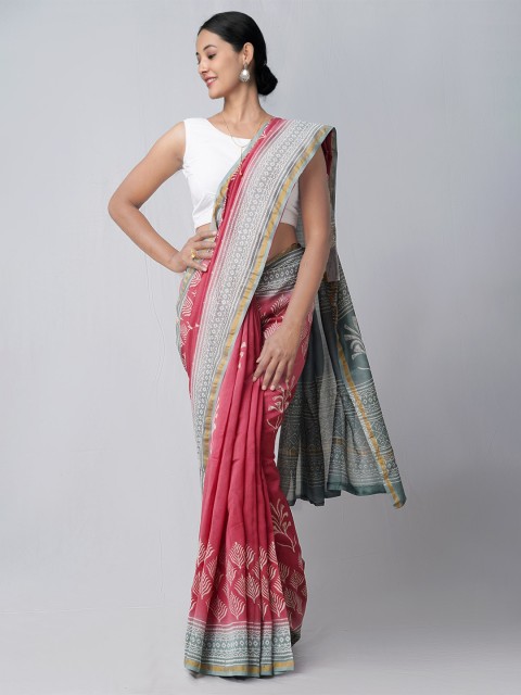 

Unnati Silks Maroon & Grey Ethnic Motifs Printed Silk Cotton Chanderi Saree