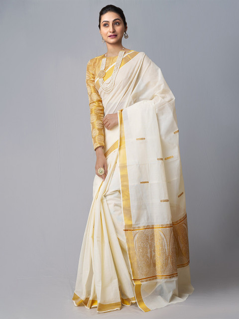 

Unnati Silks Cream-Coloured & Gold-Toned Woven Design Zari Pure Cotton Kasavu Saree