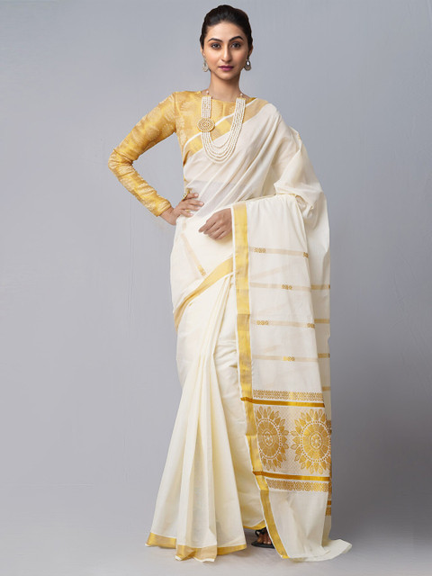 

Unnati Silks Cream-Coloured & Gold-Toned Woven Design Zari Pure Cotton Kasavu Saree, Off white